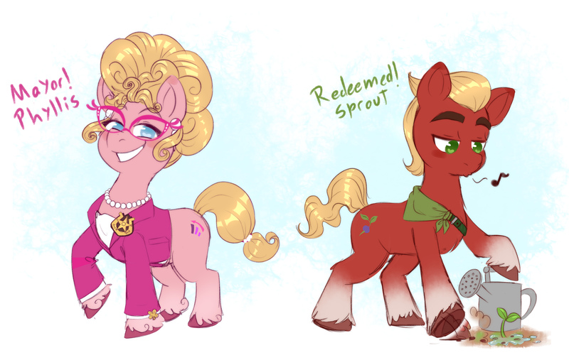 Size: 4590x2908 | Tagged: safe, artist:soniana252, artist:soniana_draws, derpibooru import, phyllis cloverleaf, sprout cloverleaf, earth pony, pony, fanfic:a sprout to a better path, g5, my little pony: a new generation, alternate universe, badge, bandana, clothes, duo, duo male and female, fanfic art, female, gardening, glasses, grin, heart, heart eyes, image, jacket, jewelry, jpeg, lidded eyes, looking at you, looking down, male, mare, music notes, necklace, pearl necklace, pursed lips, raised hoof, sheriff's badge, smiling, smiling at you, sprout, stallion, tail, unshorn fetlocks, watering can, whistling, wingding eyes