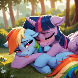 Size: 2048x2048 | Tagged: safe, ai content, derpibooru import, machine learning generated, prompter:adorablebluefox, stable diffusion, rainbow dash, twilight sparkle, twilight sparkle (alicorn), alicorn, pegasus, pony, backlighting, bedroom eyes, blushing, cute, duo, duo female, eyes closed, female, floppy ears, folded wings, forest, g4, generator:pony diffusion v6 xl, high res, horn, hug, image, lesbian, licking, mare, missing cutie mark, nature, outdoors, png, shipping, snuggling, tail, tongue out, tree, twidash, wings