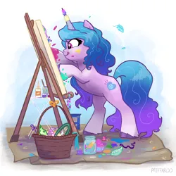 Size: 2048x2048 | Tagged: safe, artist:pfeffaroo, derpibooru import, izzy moonbow, pony, unicorn, g5, :q, basket, bipedal, canvas, cute, easel, female, glitter, high res, horn, image, izzybetes, mare, painting, png, rearing, solo, tongue out, unshorn fetlocks