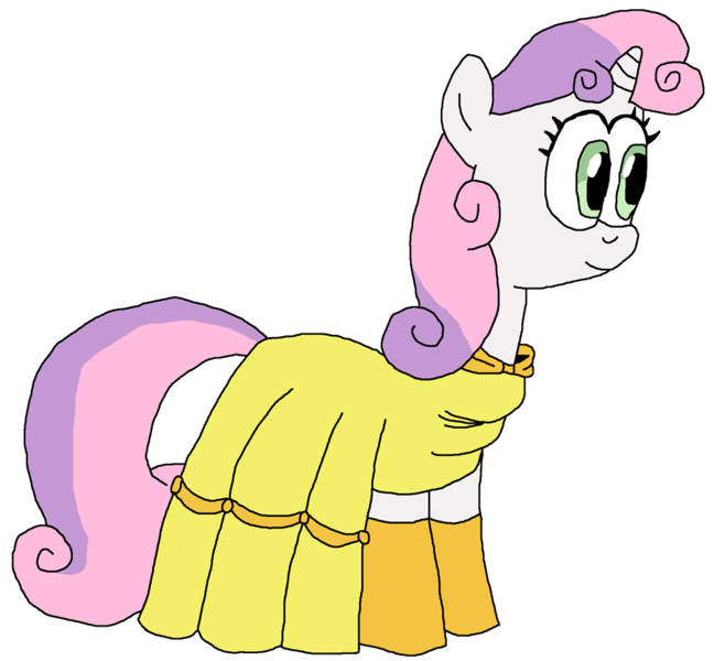 Size: 930x861 | Tagged: safe, artist:kwjibo-deviations, derpibooru import, sweetie belle, pony, unicorn, beauty and the beast, belle, clothes, dress, evening gloves, female, filly, foal, gloves, gown, horn, image, long gloves, namesake, png, pun, simple background, smiling, solo, transparent background, visual pun
