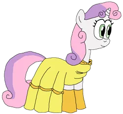 Size: 930x861 | Tagged: safe, artist:kwjibo-deviations, derpibooru import, sweetie belle, pony, unicorn, beauty and the beast, belle, clothes, dress, evening gloves, female, filly, foal, gloves, gown, horn, image, long gloves, namesake, png, pun, simple background, smiling, solo, transparent background, visual pun