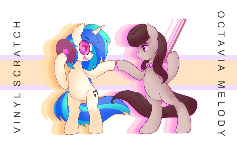 Size: 5950x3850 | Tagged: safe, artist:pekou, derpibooru import, octavia melody, vinyl scratch, earth pony, pony, unicorn, absurd resolution, belly, bipedal, bow (instrument), bowtie, duo, duo female, eyebrows, eyebrows visible through hair, female, g4, hoof hold, horn, image, looking at each other, looking at someone, mare, open mouth, open smile, png, profile, record, smiling, smiling at each other, vinyl's glasses