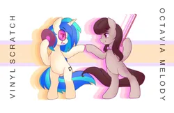 Size: 5950x3850 | Tagged: safe, artist:pekou, derpibooru import, octavia melody, vinyl scratch, earth pony, pony, unicorn, absurd resolution, belly, bipedal, bow (instrument), bowtie, duo, duo female, eyebrows, eyebrows visible through hair, female, g4, hoof hold, horn, image, looking at each other, looking at someone, mare, open mouth, open smile, png, profile, record, smiling, smiling at each other, vinyl's glasses