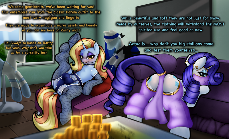 Size: 3300x2004 | Tagged: questionable, artist:sketchy knight, derpibooru import, rarity, sassy saddles, pony, unicorn, bedroom eyes, big crotchboobs, blushing, bra, choker, chubby, clothes, coin, couch, crotchboobs, dialogue, female, fishnets, garter belt, harem outfit, horn, horn jewelry, horn ring, image, inviting, jewelry, leaning, lidded eyes, looking at you, looking back, looking back at you, mannequin, mare, nudity, png, presenting, raised hoof, raised leg, rarislut, ring, smiling, socks, spread legs, spreading, standing, sultry pose, tail, tail ring, text, underhoof, underwear, window