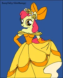 Size: 1280x1585 | Tagged: safe, artist:silentbunny97, derpibooru import, apple bloom, anthro, pony, bow, clothes, curtsey, dress, evening gloves, female, floral head wreath, flower, gloves, gown, hair bow, image, long gloves, png, smiling, solo, solo female