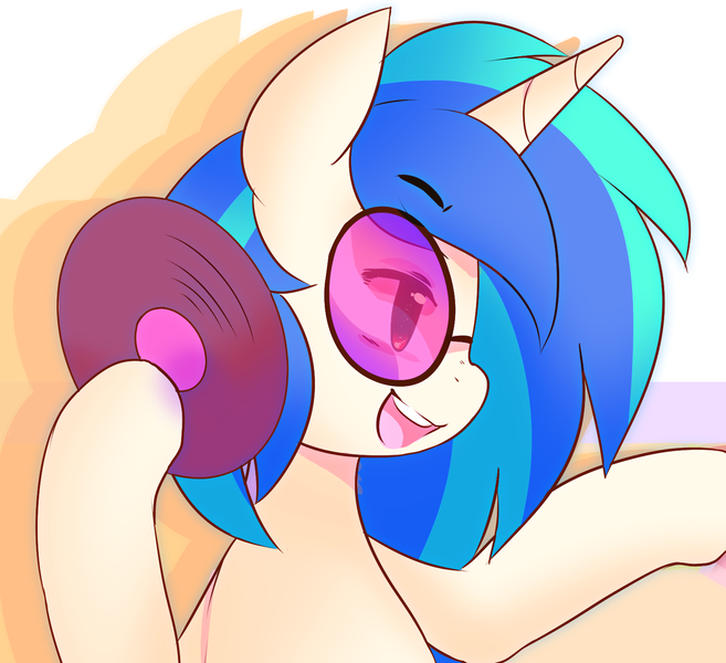 Size: 1563x1427 | Tagged: safe, artist:pekou, derpibooru import, vinyl scratch, pony, unicorn, eyebrows, eyebrows visible through hair, female, g4, horn, image, mare, open mouth, open smile, png, profile, record, smiling, solo, vinyl's glasses