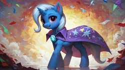 Size: 1920x1080 | Tagged: safe, ai content, derpibooru import, machine learning generated, stable diffusion, trixie, cape, clothes, generator:purplesmart.ai, image, png, trixie's cape