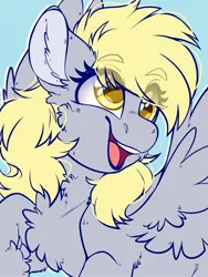 Size: 1536x2048 | Tagged: safe, artist:haywaiianhorse, derpibooru import, derpy hooves, pegasus, pony, cheek fluff, chest fluff, cute, derpabetes, ear fluff, eye clipping through hair, female, fluffy, g4, image, jpeg, mare, open mouth, open smile, smiling, solo, spread wings, wings