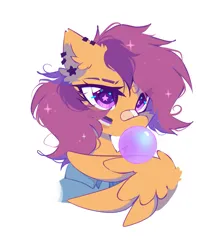 Size: 1653x1887 | Tagged: safe, artist:mirtash, artist:spicysushidog, derpibooru import, scootaloo, pegasus, pony, bandaid, bandaid on nose, blowing, bubblegum, colored eyebrows, ear fluff, ear piercing, earring, eyebrows, female, food, g4, gum, image, jewelry, mare, nonbinary pride flag, older, older scootaloo, piercing, png, pride, pride flag, simple background, solo, starry eyes, white background, wingding eyes, wings