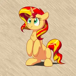 Size: 1280x1280 | Tagged: safe, artist:acersiii, derpibooru import, sunset shimmer, pony, unicorn, begging, colored pupils, cute, female, g4, hooves to the chest, horn, image, looking up, mare, png, shimmerbetes, sitting, smiling, solo, stray strand