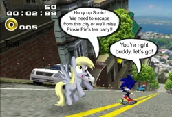 Size: 981x670 | Tagged: safe, derpibooru import, edit, derpy hooves, pegasus, pony, car, city, crossover, duo, female, image, mare, png, sonic adventure 2, sonic the hedgehog, sonic the hedgehog (series), talking