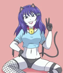 Size: 2500x2900 | Tagged: suggestive, artist:sumin6301, derpibooru import, rarity, cat, human, equestria girls, bell, bell collar, belly button, belly piercing, black panties, black underwear, breasts, busty rarity, cat ears, catgirl, clothes, collar, eyebrows, eyebrows visible through hair, female, g4, gloves, hand on hip, image, jpeg, lipstick, looking at you, panties, peace sign, piercing, raricat, shirt, simple background, sitting, smiling, smiling at you, sock, solo, solo female, underwear