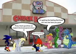 Size: 1048x739 | Tagged: safe, derpibooru import, edit, derpy hooves, dog, dragon, hedgehog, pegasus, pony, :3, chuck e. cheese, crossover, dragon tales, english, group, image, parappa the rapper, png, smiling, sonic the hedgehog, sonic the hedgehog (series), talking