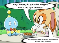 Size: 603x433 | Tagged: safe, derpibooru import, edit, chao, cheese the chao, cream the rabbit, eating, food, image, implied pinkie pie, png, sonic the hedgehog (series), talking