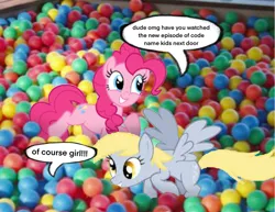 Size: 1448x1119 | Tagged: safe, derpibooru import, edit, derpy hooves, pinkie pie, earth pony, pegasus, pony, ball pit, duo, english, female, image, mare, png, talking