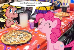 Size: 981x670 | Tagged: safe, derpibooru import, edit, pinkie pie, dragon, earth pony, pony, crossover, dragon tales, duo, english, food, image, irl, photo, pizza, png, speech bubble, talking, text