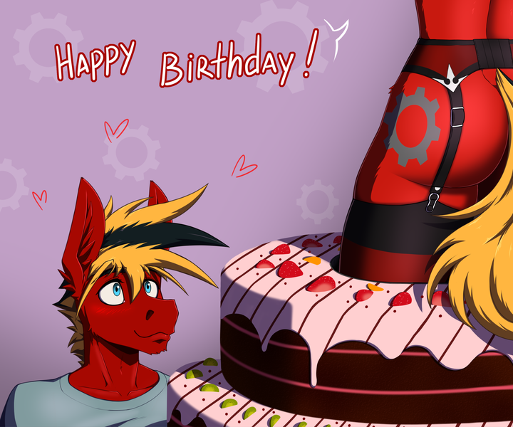 Size: 1800x1500 | Tagged: suggestive, artist:twotail813, derpibooru import, oc, oc:gear, oc:twotail, unofficial characters only, anthro, birthday, butt, cake, clothes, female, food, image, male, png, socks, stockings, thigh highs