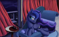 Size: 3193x1975 | Tagged: safe, artist:maretian, ponerpics import, princess luna, alicorn, pony, alcohol, couch, crown, ethereal mane, female, image, jewelry, lying down, mare, night, png, raised eyebrow, regalia, rug, solo, starry mane, table, wine