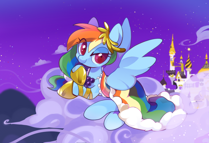 Size: 1748x1193 | Tagged: safe, artist:lemonheart, derpibooru import, rainbow dash, pegasus, pony, the best night ever, canterlot, canterlot castle, castle, clothes, cloud, commission, cute, dashabetes, dress, female, g4, gala dress, image, jewelry, looking at you, mare, necklace, png, rainbow, rainbow dash always dresses in style, scene interpretation, sky, smiling, smiling at you, solo, spread wings, stars, wings