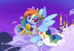 Size: 1748x1193 | Tagged: safe, artist:lemonheart, derpibooru import, rainbow dash, pegasus, pony, the best night ever, canterlot, canterlot castle, clothes, cloud, commission, cute, dashabetes, dress, female, g4, gala dress, image, jewelry, looking at you, mare, necklace, png, rainbow dash always dresses in style, scene interpretation, sky, smiling, smiling at you, solo, spread wings, stars, wings