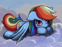 Size: 2000x1500 | Tagged: safe, artist:zokkili, derpibooru import, rainbow dash, pegasus, pony, backwards cutie mark, cloud, cute, dashabetes, female, floppy ears, g4, image, jpeg, looking at you, lying down, lying on a cloud, mare, on a cloud, outdoors, prone, sky, solo, spread wings, wings, wings down