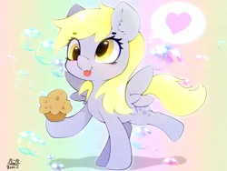 Size: 4000x3000 | Tagged: safe, artist:zokkili, derpibooru import, derpy hooves, pegasus, pony, :p, beanbrows, bubble, cute, derpabetes, ear fluff, eye clipping through hair, eyebrows, eyebrows visible through hair, female, food, g4, heart, high res, image, jpeg, muffin, raised hoof, raised leg, signature, solo, sparkles, spread wings, standing on two hooves, tongue out, wings