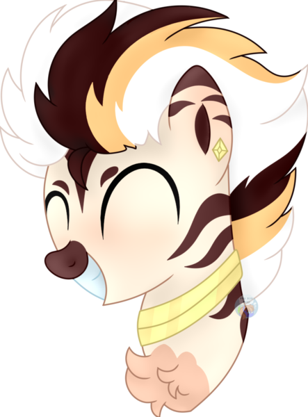 Size: 730x989 | Tagged: safe, artist:pure-blue-heart, derpibooru import, oc, hybrid, pony, zony, bust, ear piercing, earring, eyes closed, gift art, image, jewelry, male, piercing, png, simple background, stallion, stallion oc, toothy grin, transparent background, zony oc
