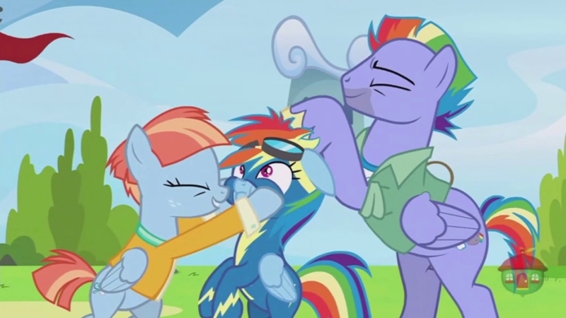 Size: 1024x576 | Tagged: safe, derpibooru import, edit, edited screencap, screencap, bow hothoof, rainbow dash, windy whistles, pegasus, pony, parental glideance, ^^, clothes, cute, daaaaaaaaaaaw, eyes closed, father and child, father and daughter, female, freckles, goggles, goggles on head, grin, hooves on cheeks, image, jacket, jpeg, male, mare, mother and child, mother and daughter, offspring, pampering, parent:bow hothoof, parent:windy whistles, parents:windyhoof, rainbow dash's parents, ruffles, smiling, stallion, trio, uniform, wonderbolts uniform