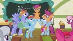 Size: 1024x576 | Tagged: safe, derpibooru import, edit, edited screencap, screencap, apple bloom, bow hothoof, cheerilee, rainbow dash, scootaloo, silver spoon, windy whistles, earth pony, pegasus, pony, parental glideance, apple, apple bloom's bow, big smile, bow, chalkboard, classroom, cropped, cute, cute smile, cutealoo, daaaaaaaaaaaw, female, filly, foal, food, freckles, glasses, hair bow, image, jpeg, lifting, male, mare, pony hat, rainbow dash's parents, scootalove, siblings, sisters, stallion, wholesome