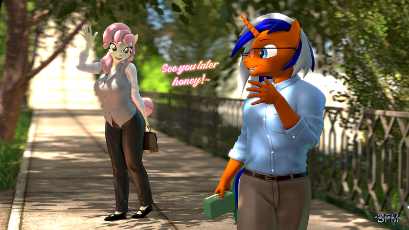 Size: 1920x1080 | Tagged: safe, artist:anthroponiessfm, derpibooru import, oc, oc:sous zanna, oc:tabletop, anthro, 3d, anthro oc, bag, clothes, female, handbag, image, looking at each other, looking at someone, male, pants, park, png, shirt, source filmmaker, text, vest, waving, wholesome