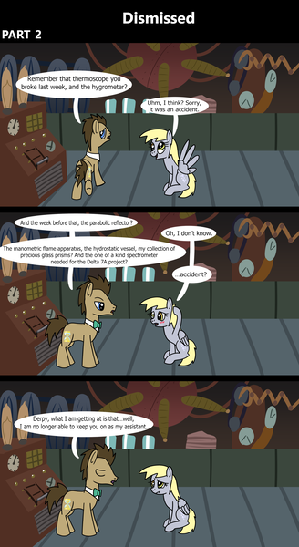 Size: 1920x3516 | Tagged: safe, artist:platinumdrop, derpibooru import, derpy hooves, doctor whooves, time turner, earth pony, pegasus, pony, comic:dismissed, 3 panel comic, alternate timeline, blushing, bowtie, comic, commission, dialogue, doctor whooves' lab, duo, duo male and female, eyes closed, female, folded wings, frown, g4, happy, head scratch, image, indoors, lab, laboratory, looking at each other, looking at someone, machine, machinery, male, mare, open mouth, open smile, png, sad, sigh, sitting, smiling, speech bubble, spread wings, stallion, talking, this will not end well, walking, wings