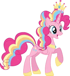 Size: 1600x1748 | Tagged: safe, artist:auburnborbon, derpibooru import, pinkie pie, alicorn, pony, absurd resolution, alicornified, crown, female, g4, image, jewelry, open mouth, open smile, pinkiecorn, png, princess pinkie pie, race swap, rainbow power, raised hoof, regalia, simple background, smiling, solo, transparent background, vector, xk-class end-of-the-world scenario