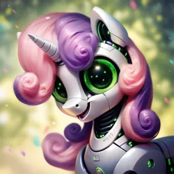Size: 1024x1024 | Tagged: safe, ai content, derpibooru import, machine learning generated, prompter:jbond, stable diffusion, sweetie belle, pony, robot, robot pony, unicorn, bust, female, foal, generator:pony diffusion v6 xl, horn, image, png, portrait, solo, sweetie bot