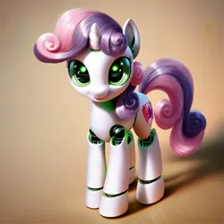 Size: 1024x1024 | Tagged: safe, ai content, derpibooru import, machine learning generated, prompter:jbond, stable diffusion, sweetie belle, pony, robot, robot pony, unicorn, female, foal, generator:pony diffusion v6 xl, horn, image, png, solo, sweetie bot