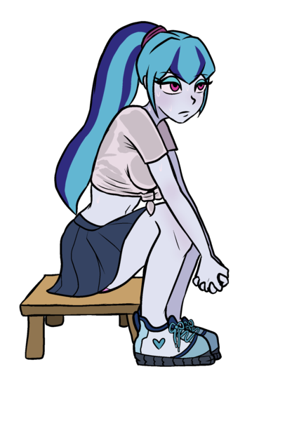 Size: 1612x2272 | Tagged: suggestive, artist:tacoman dusct, derpibooru import, sonata dusk, equestria girls, belly, belly button, blushing, clothes, front knot midriff, g4, image, midriff, png, ponytail, shoes, simple background, sitting, skirt, solo, stool, sweat, transparent background