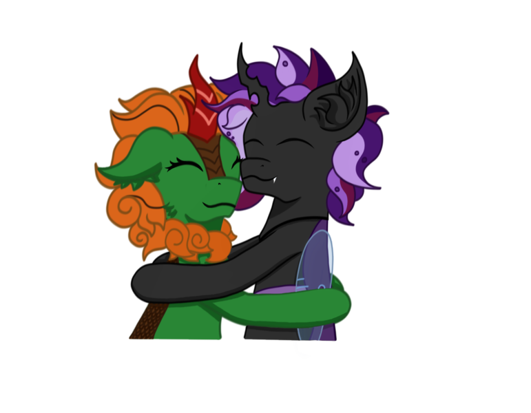 Size: 1800x1400 | Tagged: safe, artist:nismorose, derpibooru import, oc, oc:asher, oc:emerald pyre, unofficial characters only, bat pony, changeling, kirin, pony, bat pony oc, bat wings, changeling oc, cheek fluff, cute, duo, ear fluff, emote, eyelashes, fangs, horn, hug, image, insect wings, kirin oc, male, png, purple hair, purple mane, simple background, stallion, transparent background, wings