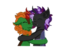 Size: 1800x1400 | Tagged: safe, artist:nismorose, derpibooru import, oc, oc:asher, oc:emerald pyre, unofficial characters only, bat pony, changeling, kirin, pony, bat pony oc, bat wings, changeling oc, cheek fluff, cute, duo, ear fluff, emote, eyelashes, fangs, horn, hug, image, insect wings, kirin oc, male, png, purple hair, purple mane, simple background, stallion, transparent background, wings