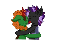 Size: 1800x1400 | Tagged: safe, artist:nismorose, derpibooru import, oc, oc:asher, oc:emerald pyre, unofficial characters only, bat pony, changeling, kirin, pony, bat pony oc, bat wings, changeling oc, cheek fluff, cute, duo, ear fluff, emote, eyelashes, fangs, heart, horn, hug, image, insect wings, kirin oc, male, png, purple hair, purple mane, simple background, stallion, transparent background, wings