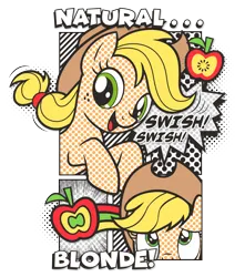 Size: 1810x2048 | Tagged: safe, derpibooru import, official, applejack, earth pony, pony, ..., apple, black outlines, blonde hair, comic, design, dots, english, female, food, g4, image, looking at you, looking up, mare, merchandise, motion lines, onomatopoeia, open mouth, open smile, png, screentone, shirt design, simple background, smiling, solo, stock vector, style emulation, text, transparent background, vector, zazzle