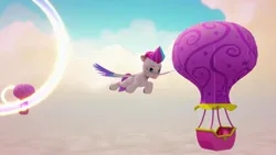 Size: 2560x1440 | Tagged: safe, derpibooru import, official, zipp storm, pegasus, pony, g5, 3d, cloud, colored wings, female, flying, game, hot air balloon, image, jpeg, mare, multicolored wings, my little pony: a zephyr heights mystery, screenshots, sky, solo, spread wings, unshorn fetlocks, video game, wings