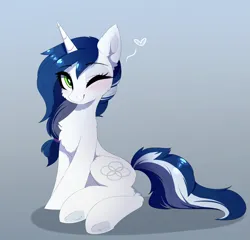 Size: 3089x2968 | Tagged: safe, artist:magnaluna, derpibooru import, oc, oc:muffinkarton, unofficial characters only, pony, unicorn, blushing, chest fluff, eye clipping through hair, eyebrows, eyebrows visible through hair, female, gradient background, heart, high res, horn, image, looking at you, mare, one eye closed, png, sitting, smiling, smiling at you, solo, underhoof, unicorn oc, wink, winking at you
