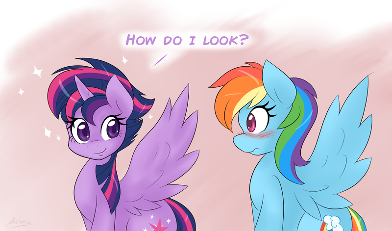 Size: 1901x1119 | Tagged: safe, artist:ambris, derpibooru import, rainbow dash, twilight sparkle, twilight sparkle (alicorn), alicorn, pegasus, pony, alternate hairstyle, blushing, colored pupils, cute, dashabetes, duo, duo female, female, g4, horn, image, lesbian, looking at each other, looking at someone, mare, png, punklight sparkle, shipping, smiling, spread wings, twiabetes, twidash, wingboner, wings
