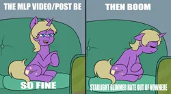 Size: 3652x2017 | Tagged: safe, artist:hayley566, derpibooru import, starlight glimmer, oc, oc:hay meadow, unofficial characters only, pony, unicorn, 2 panel comic, clone high, comic, couch, eyes closed, female, horn, image, mare, meme, png, sad, sitting, solo, spread wings, text, vent art, wings