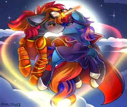 Size: 2451x2080 | Tagged: safe, alternate version, artist:yuris, derpibooru import, oc, oc:ironfire, oc:ryo, pony, unicorn, alternate character, armor, blushing, ears up, female, floppy ears, flying, full moon, horn, image, imminent kissing, magic, magic aura, male, moon, night, png, shipping, sky, straight