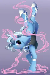 Size: 1280x1907 | Tagged: safe, alternate version, artist:natanvok, derpibooru import, trixie, pony, unicorn, ballet slippers, clothes, ear fluff, eyebrows, female, g4, glow, glowing horn, gradient background, handstand, high res, horn, image, leotard, magic, magic aura, mare, png, profile, solo, standing, standing on one leg, standing on two hooves, upside down
