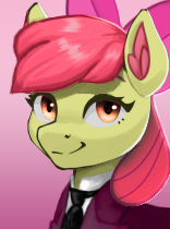 Size: 156x210 | Tagged: safe, artist:mustaphatr, artist:printik, derpibooru import, edit, apple bloom, earth pony, pony, equestria at war mod, apple bloom's bow, bow, bust, clothes, cmc world conquest timeline, g4, hair bow, image, jacket, necktie, picture for breezies, png, portrait, shirt, solo