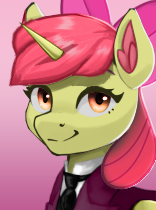 Size: 156x210 | Tagged: safe, artist:mustaphatr, artist:printik, derpibooru import, edit, apple bloom, alicorn, pony, equestria at war mod, alicornified, apple bloom's bow, bloomicorn, bow, bust, clothes, cmc world conquest timeline, g4, hair bow, image, jacket, necktie, picture for breezies, png, portrait, race swap, shirt, solo