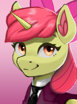 Size: 156x210 | Tagged: safe, artist:mustaphatr, artist:printik, derpibooru import, edit, apple bloom, alicorn, pony, equestria at war mod, g4, alicornified, apple bloom's bow, bloomicorn, bow, bust, clothes, cmc world conquest timeline, hair bow, image, jacket, necktie, picture for breezies, png, portrait, race swap, shirt, solo