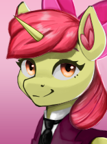 Size: 156x210 | Tagged: safe, alternate version, artist:aquamuro, artist:mustaphatr, artist:printik, derpibooru import, edit, apple bloom, alicorn, pony, equestria at war mod, alicornified, apple bloom's bow, bloomicorn, bow, bust, clothes, cmc world conquest timeline, g4, hair bow, image, jacket, necktie, picture for breezies, png, portrait, race swap, shirt, solo