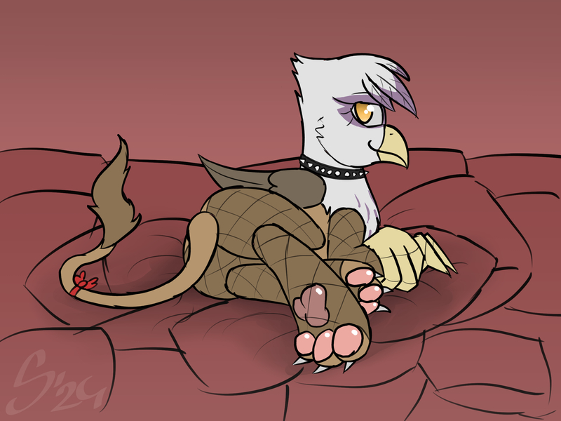 Size: 2400x1800 | Tagged: suggestive, artist:somber, derpibooru import, gilda, gryphon, bowtie, butt, collar, female, fishnets, image, jpeg, paws, pillow, plot, solo